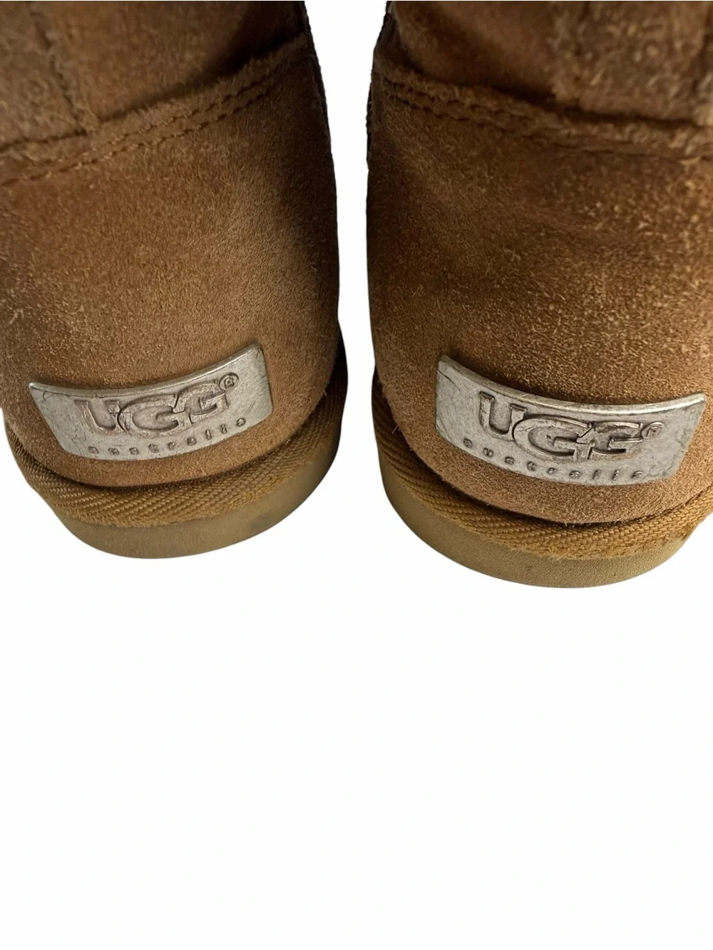 UGG boots, girls size 13 chestnut suede leather metal UGG plate inside zip
